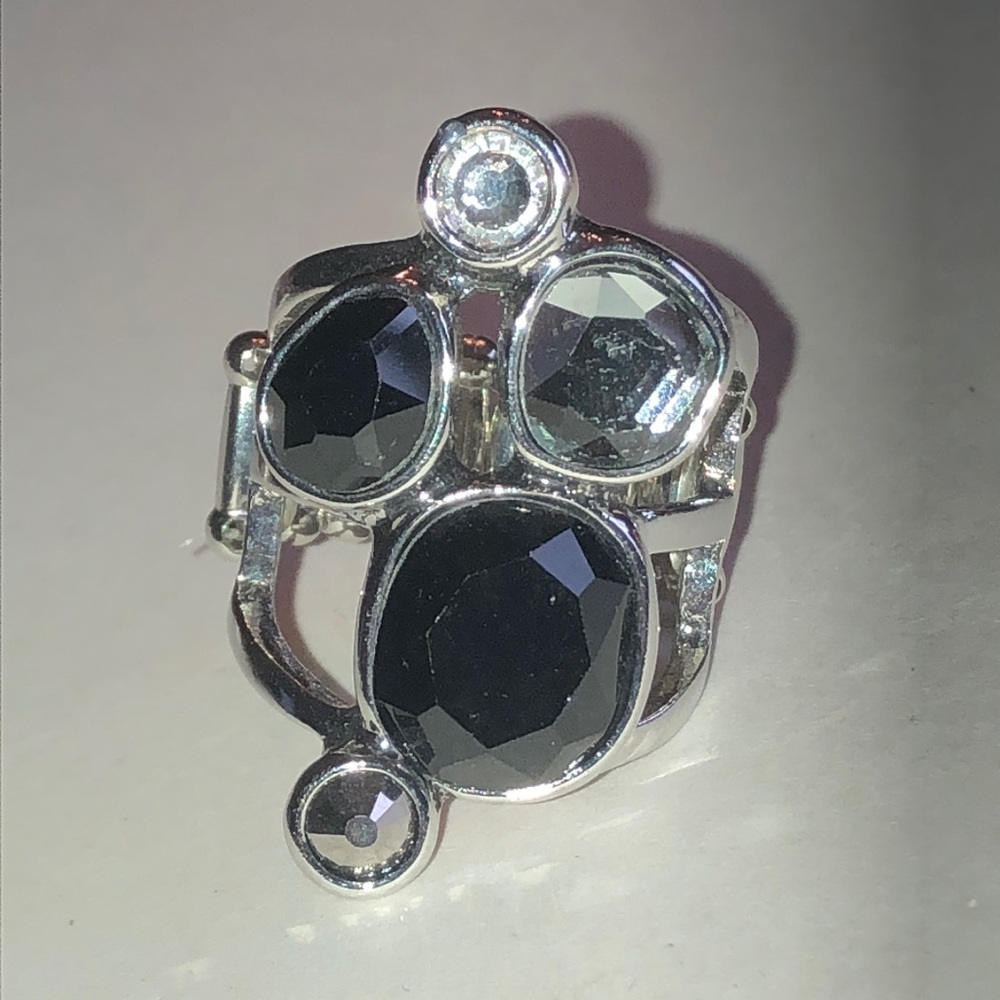 Silver Tone Black Faceted Rhinestone Boho Ring